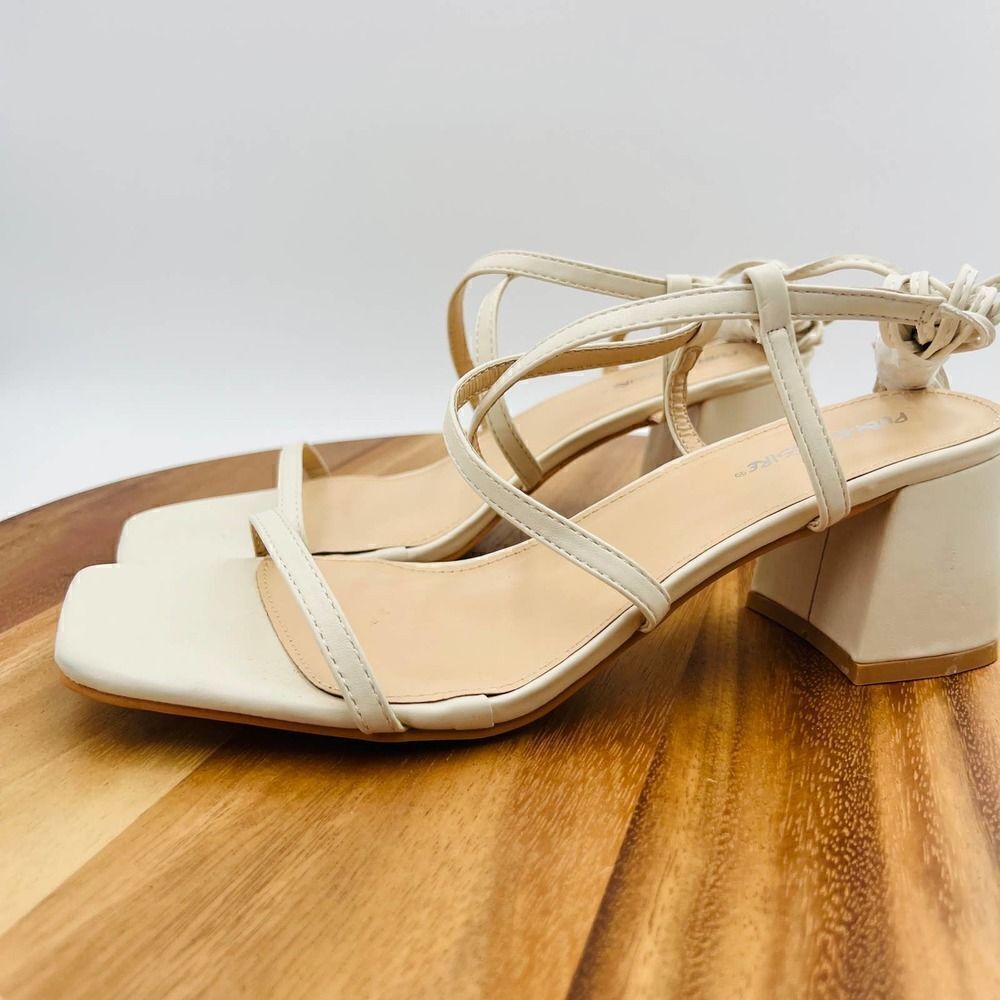 Public Desire Mabel Wide Fit Off White Ankle Tie Block Heeled Sandals Size UK 8W - Picture 9 of 13